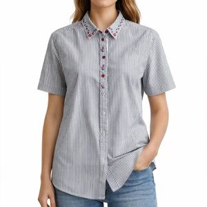 TanJay Blue Striped Floral Embroidered Button Down Shirt Short Sleeve Size 12